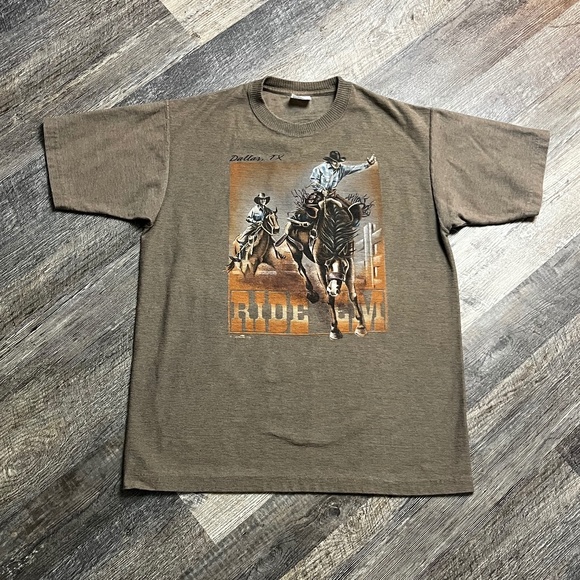 Vintage 90's Cowboy Shirt Size XL Graphic Brown Tee Ribbed Ride 1994 USA - Picture 2 of 4